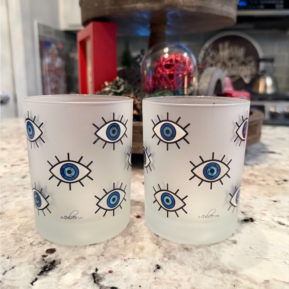 Culver Blue Evil Eye Pattern Frosted 2 Glasses Set